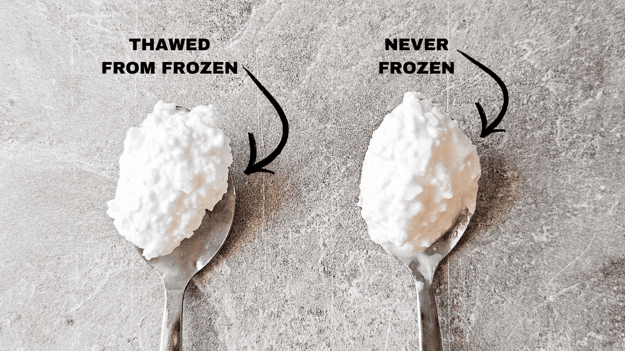 side by side comparison of frozen vs not frozen cottage cheese