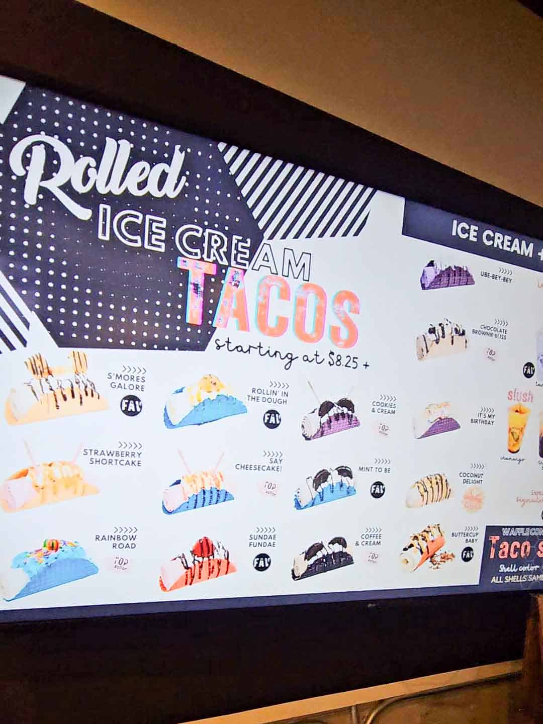 digital menu featuring ice cream tacos