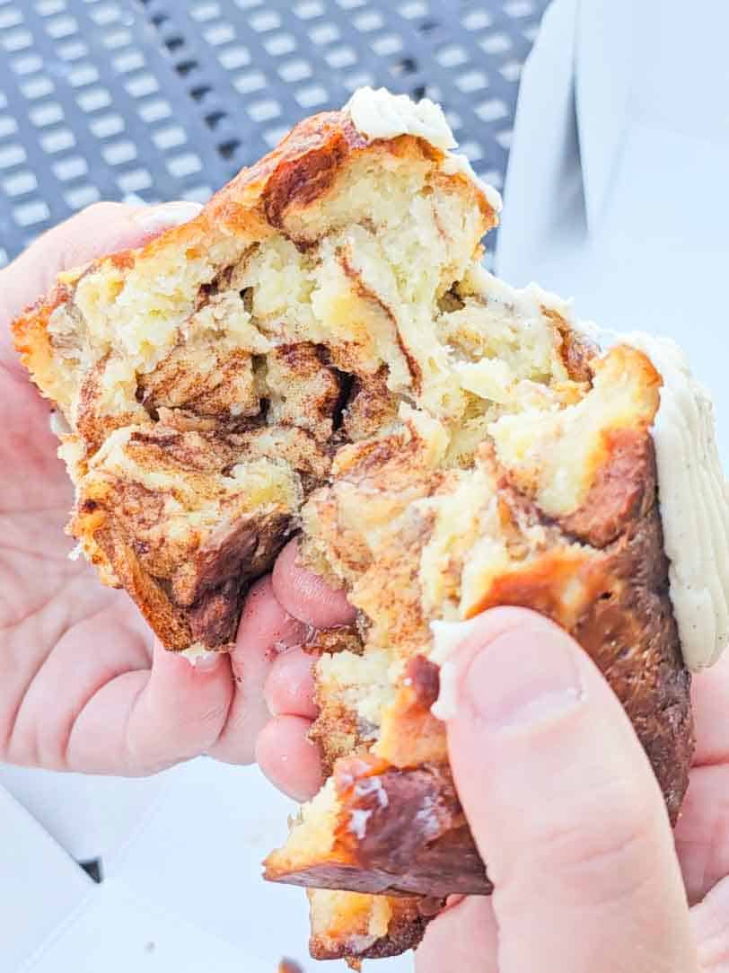 a bread pudding cinnamon roll split open