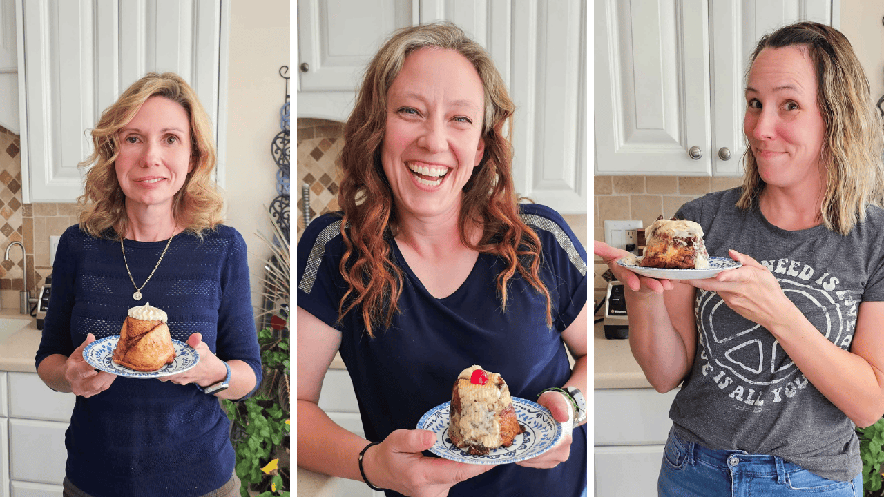 collage of 3 women holding cinnamon rolls