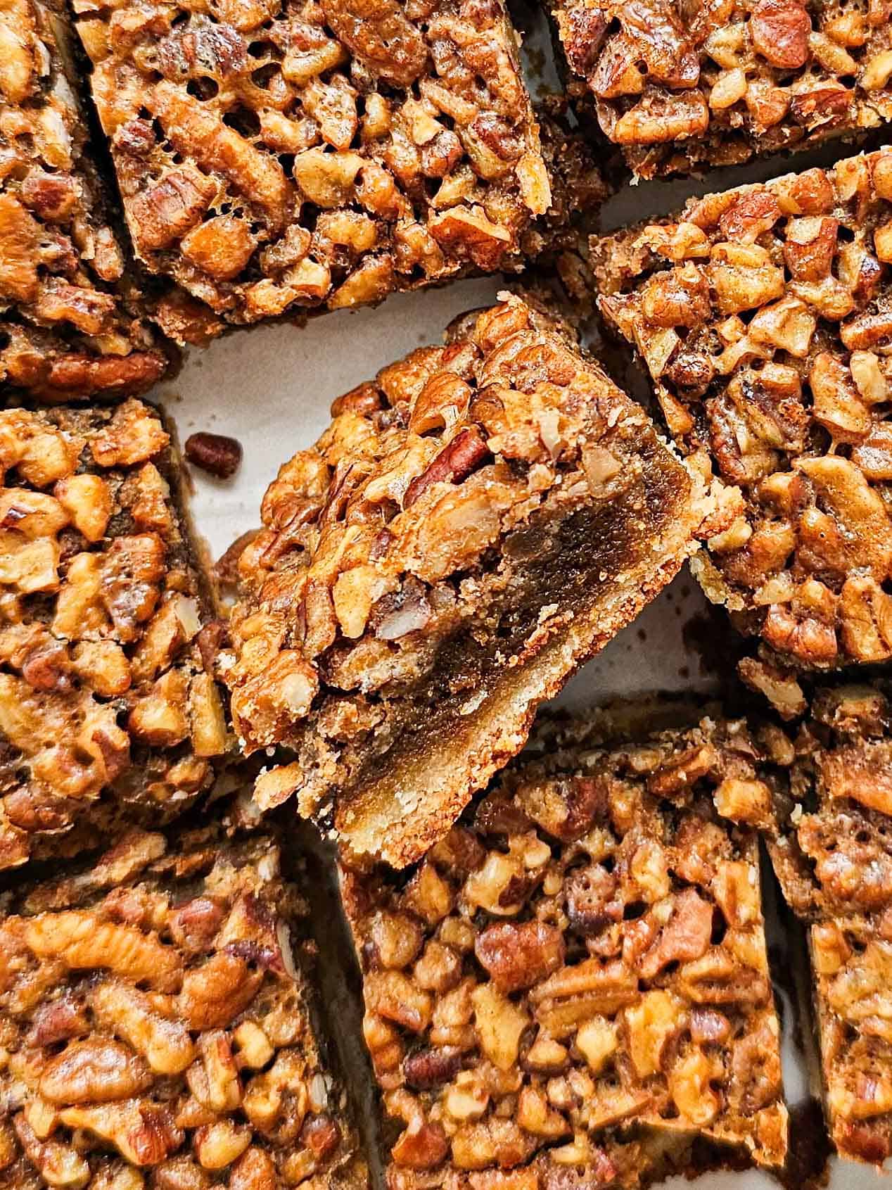 pecan pie bars cut into squares