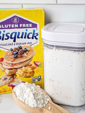 canister of flour next to a box of gluten free Bisquick