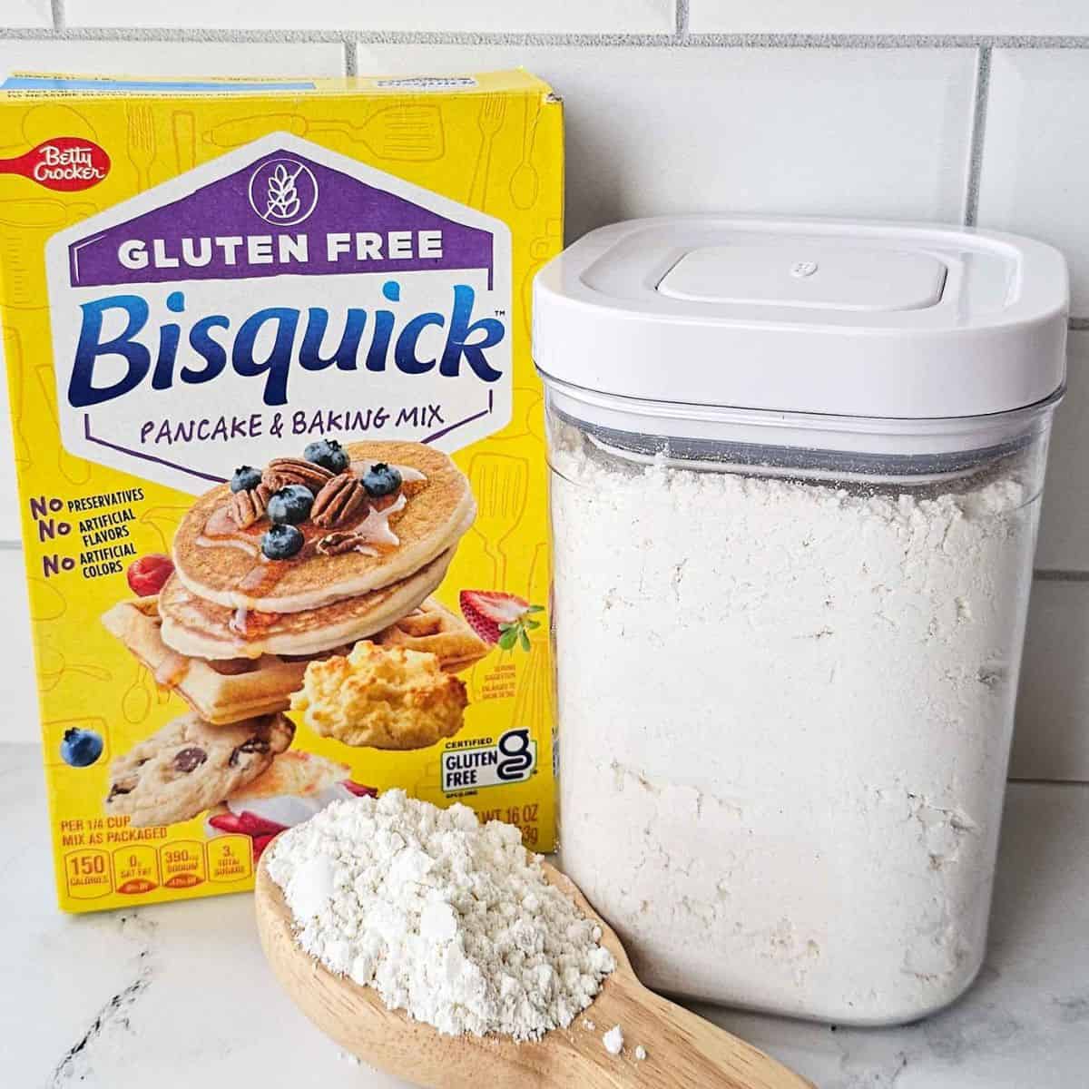 canister of flour next to a box of gluten free Bisquick