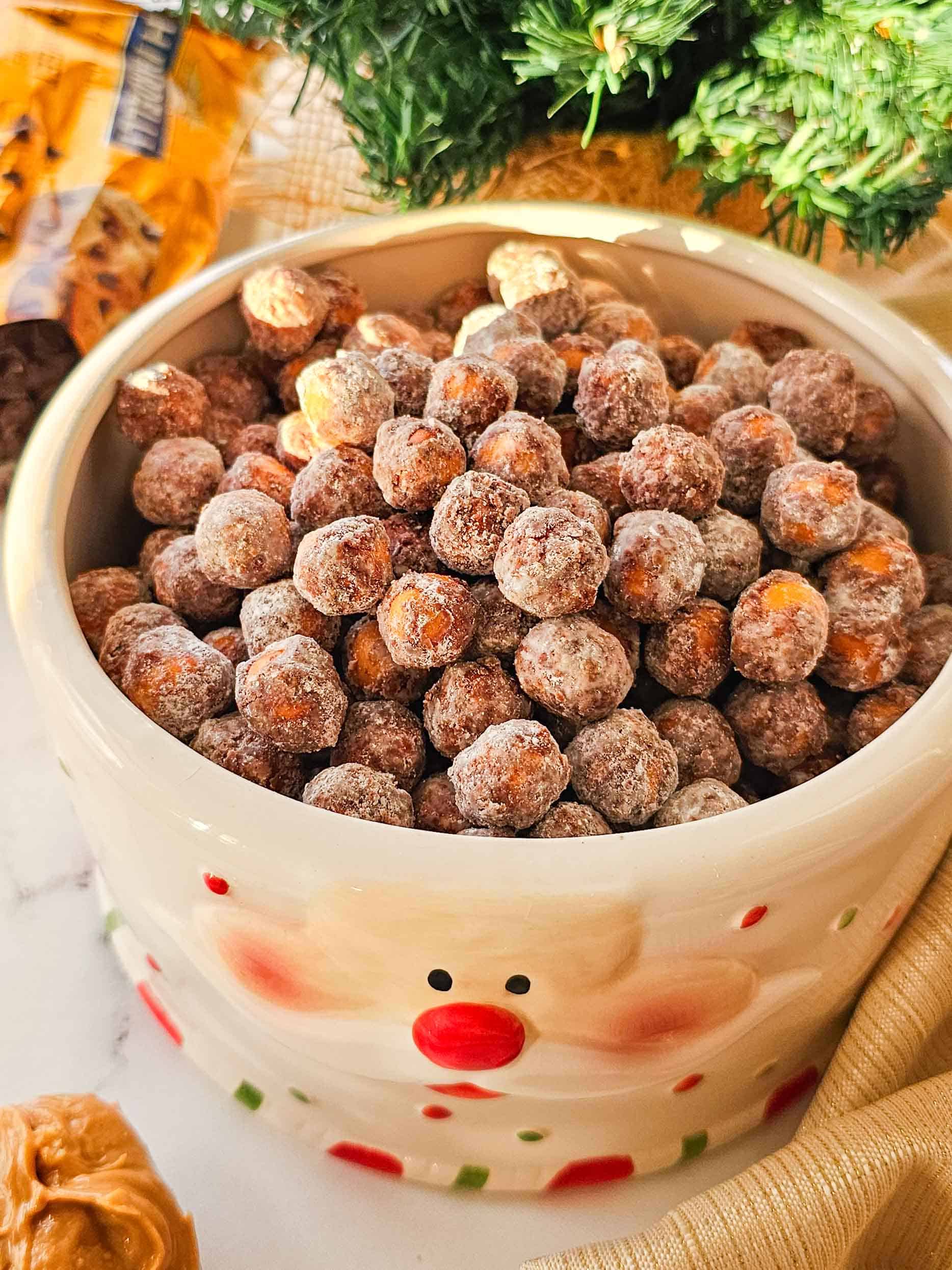 chocolate covered balls in a santa jar