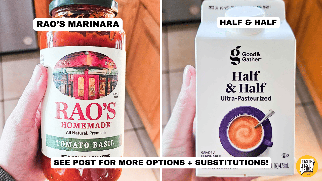 jar of marinara and carton of half and half